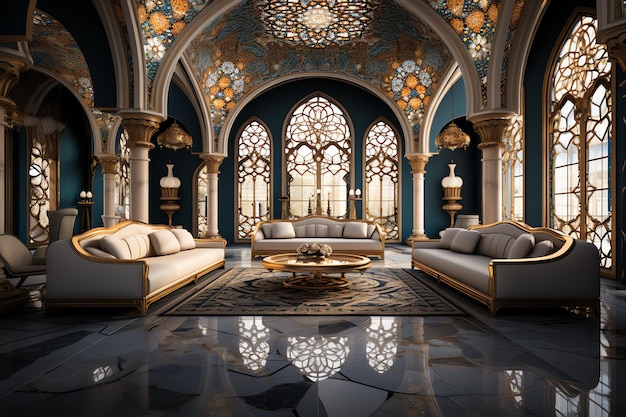 Zeer luxe kamer en groot met muren versierd met Marokkaans mozaïek Kamer in traditioneel islamitisch