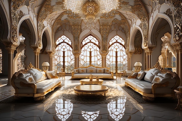 Zeer luxe kamer en groot met muren versierd met Marokkaans mozaïek Kamer in traditioneel islamitisch