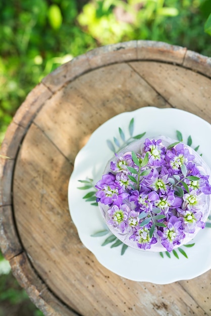 Zeer mooie bento cake met paarse matthiola bloemen met groene bladeren bovenaanzicht Verjaardag