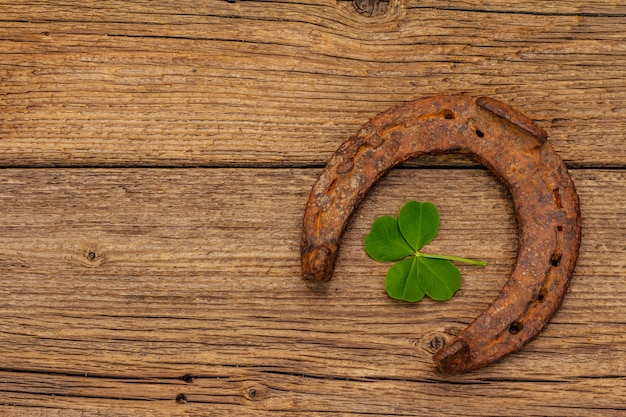 Zeer oud gietijzeren metalen paarden hoefijzer, vers klaverblad. Veel geluk symbool, St.Patrick's Day concept