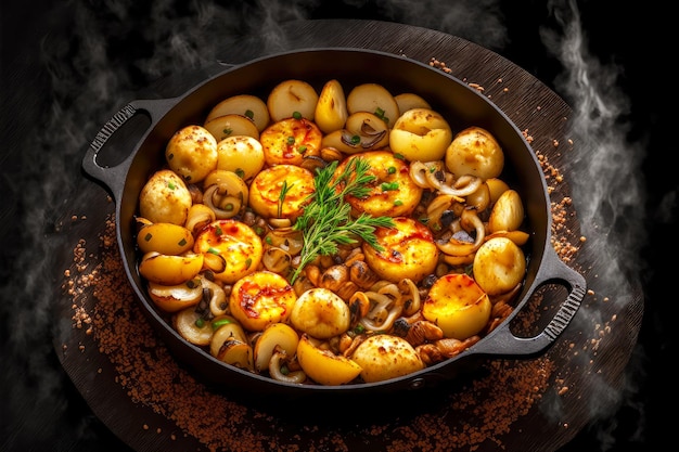 Zeer smakelijke gebakken champignons in koekenpan met aardappelen en uien