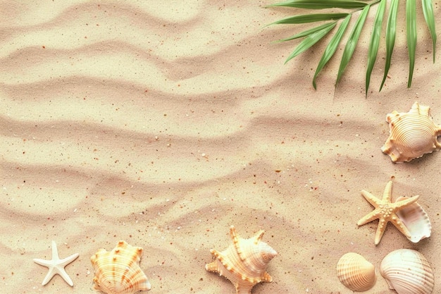 Zeesand met zeesterren en schelpen Bovenbeeld met kopieerruimte generatieve ai