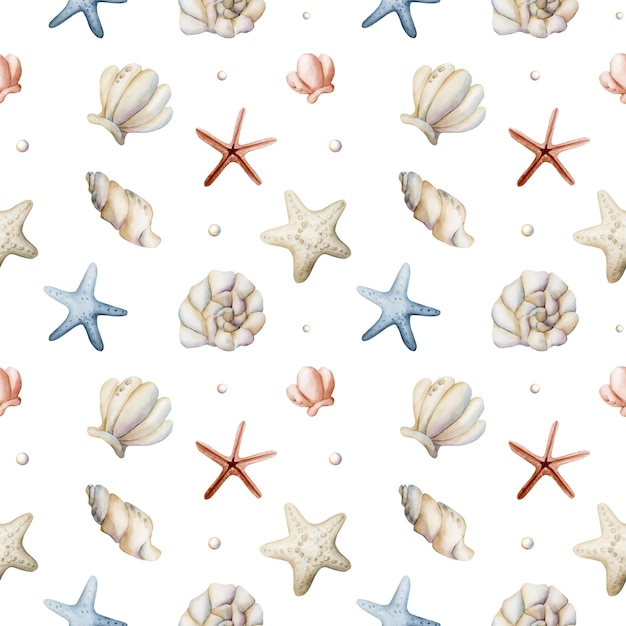Zeeschelpen, zeesterren, parels, waterverf, zomer, naadloos patroon op witte achtergrond, textiel voor kinderen en baby's