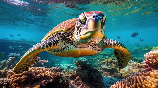 Zeeschildpad close-up over koraalrif in Hawaï ai generatief