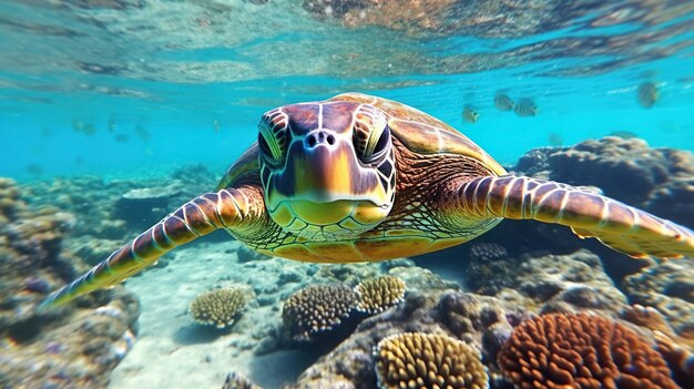 Zeeschildpad close-up over koraalrif in Hawaï ai generatief