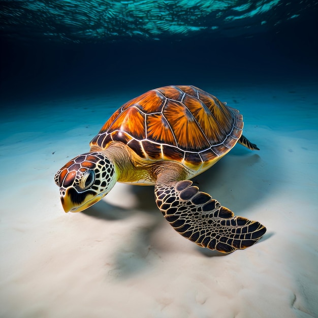 zeeschildpad die langs de oceaanbodem zwemt