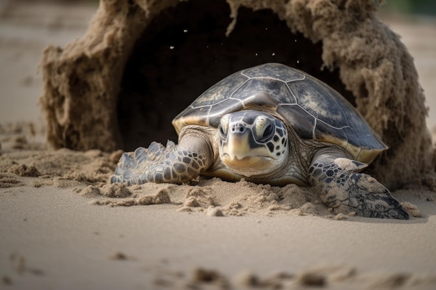 Zeeschildpad die uit zijn schelp komt en zijn nieuwe leven onthult dat is gecreëerd met generatieve AI.