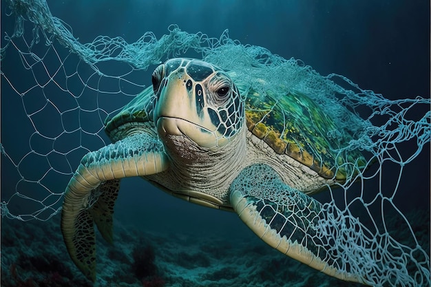 Zeeschildpad gevangen door een net onder de zee