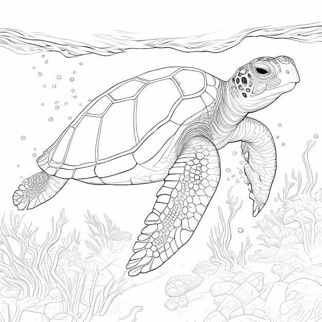 zeeschildpad illustratie voor kleurboek met scherpe lijnen en wit