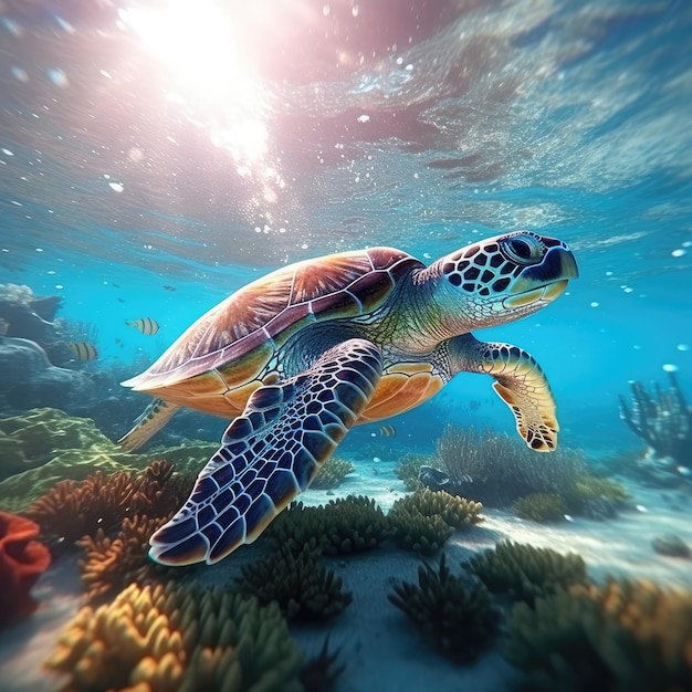 Zeeschildpad zwemmen in de oceaan met koraalrif onderwater Achtergrond illustratie voor wereld oceanen dag concept Leven in tropische wateren generatieve ai illustratie