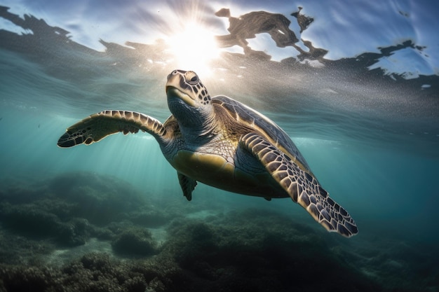 Zeeschildpad zwemt in de open oceaan met golven en de zon schijnt naar beneden gemaakt met generatieve ai
