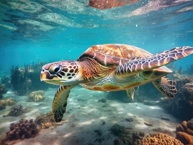 Zeeschildpad zwemt onder blauw water