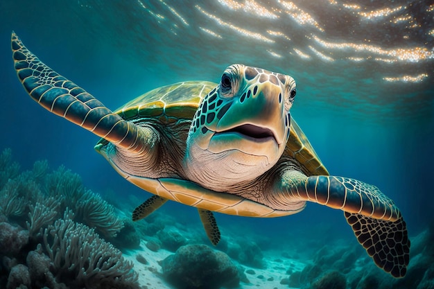 Zeeschildpad zwemt onder water.
