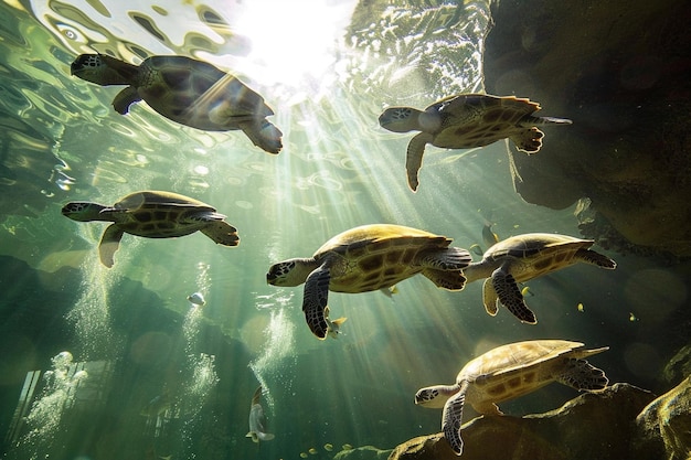 Zeeschildpadden zwemmen in de zonnestralen door het wateroppervlak