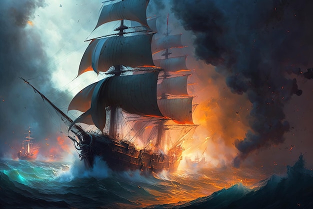 Zeeslag oude zeilschepen in vuur en rook illustratie generatieve AI
