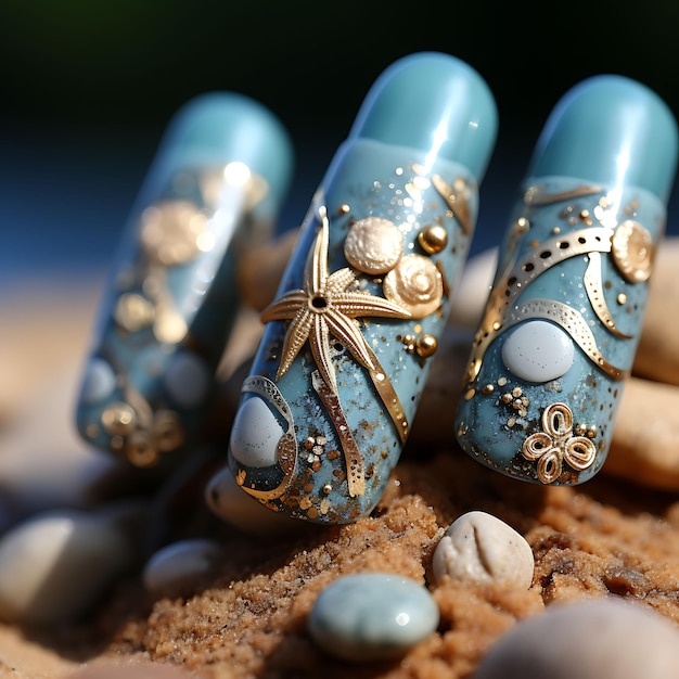 Zeester op zandstrand nagels ontwerpen neutrale en blauwe tinten concept idee creatieve kunst fotoshoot