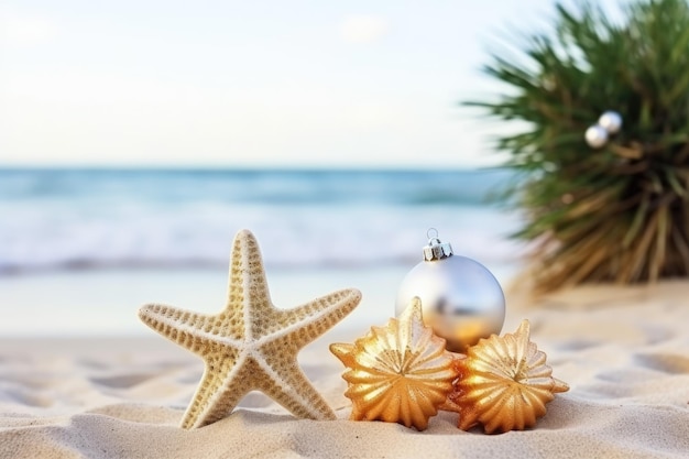 Zeesterren en kerstballen op het strand.