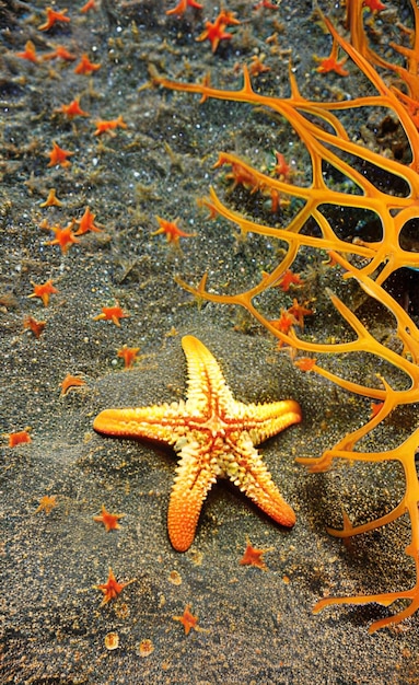Zeesterren op het strand met oranje zeesterren