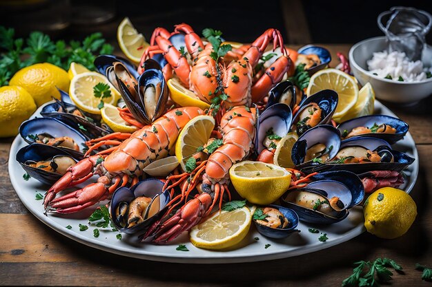 Foto zeevruchten bord met garnalen mosselen kreeft geserveerd met citroen