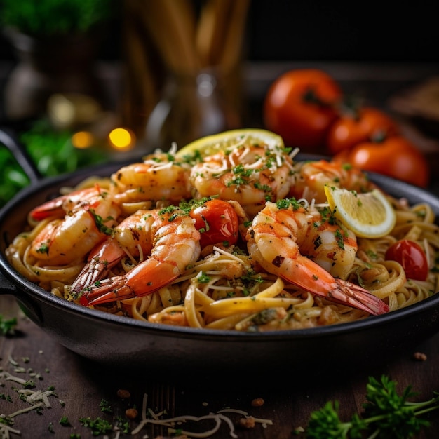 zeevruchten italiaanse garnalen pastaschotel op een houten tafel