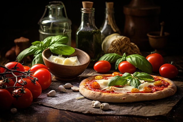 Zeevruchten pizza met tomatensaus en mayonaise geïsoleerd op houten plank bovenkant uitzicht op Italiaans eten op houten