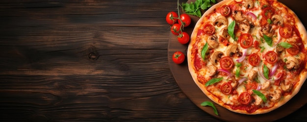 Zeevruchten pizza met tomatensous op houten tafel Generatieve ai