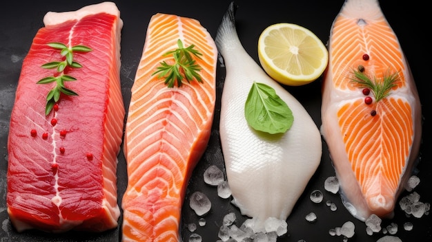 Zeevruchten Set van voedsel collage diverse verse filet vis witte vis pangasius zalm rode vis forel vis steak met ijs en kruiden generatieve Ai