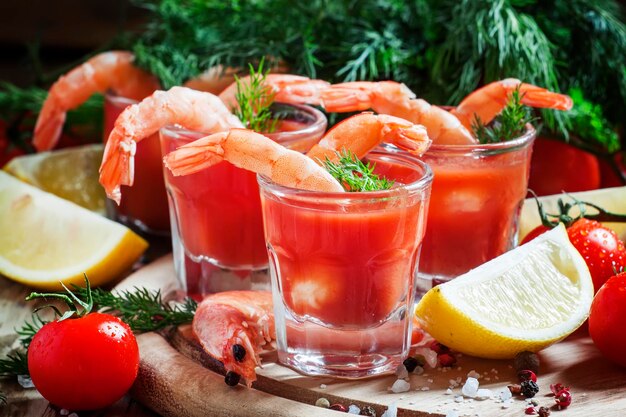 Zeevruchten voorgerecht garnalen met tomatensaus kruiden en specerijen selectieve focus