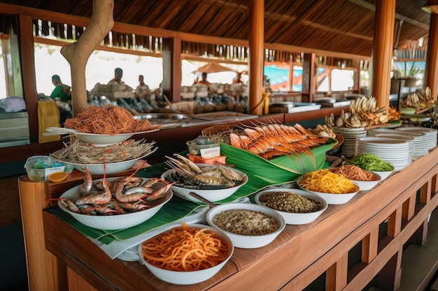 Zeevruchtenrestaurant met verse zeevruchten en smakelijke bijgerechten tentoongesteld