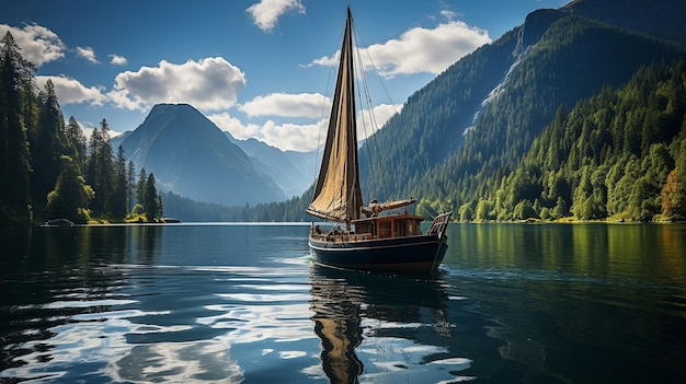 Zeilboot in een meer met bergen en een weelderig bos op de achtergrond