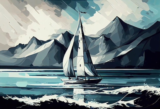 Zeilboot op een achtergrond van zee digitale schilderij Generate Ai