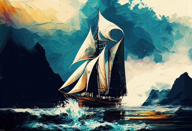 Zeilboot tegen een achtergrond van digitaal schilderen op zee Genereer Ai