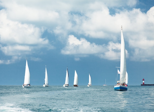 Zeilboten zeilen, blauwe wolkenlucht en witte zeilen