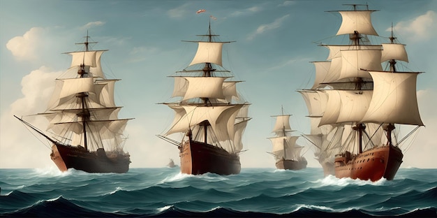 Zeilen oude flottielje oorlogsschepen onder zeil in de oceaan