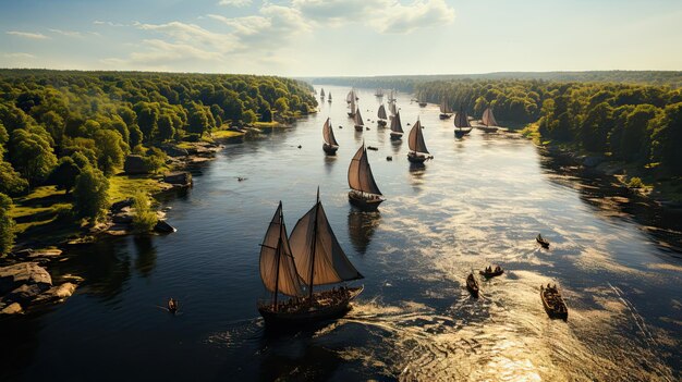 Foto zeilende vikingschepen op scandinavische landen