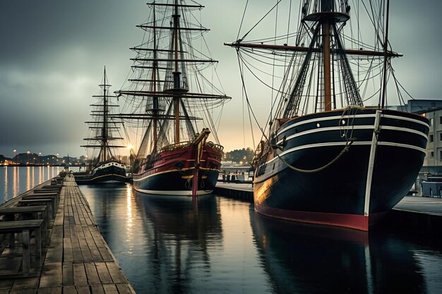 Zeilschepen met gestreken zeilen geparkeerd in de haven 's nachts Schepen op de pier