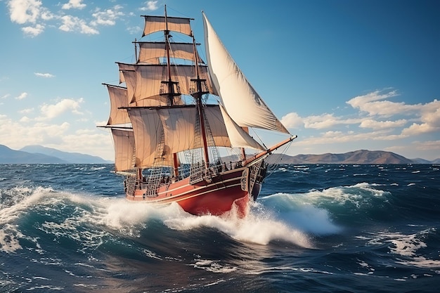 Zeilschip drijvend op de golven van de zee Columbus dag AI gegenereerd