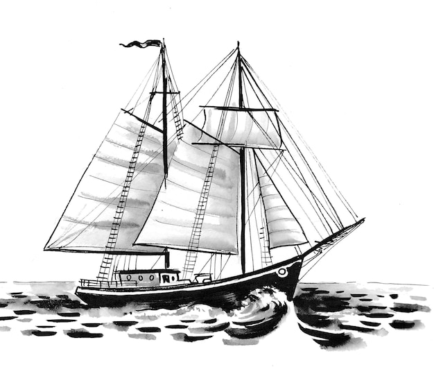 Zeilschip in de zee. Inkt zwart-wit tekening