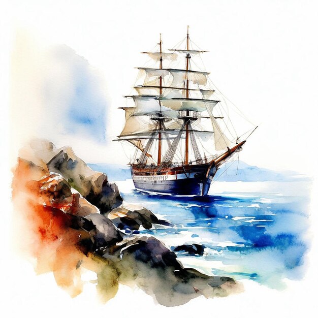 Zeilschip op zee waterverf schilderij op witte achtergrond