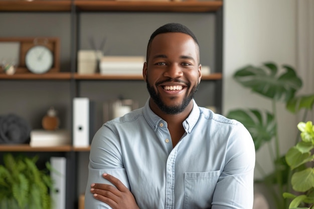 Zekerzinnige Afro-Amerikaanse man in kantoor achtergrond straalt vreugde uit in hoofdfoto