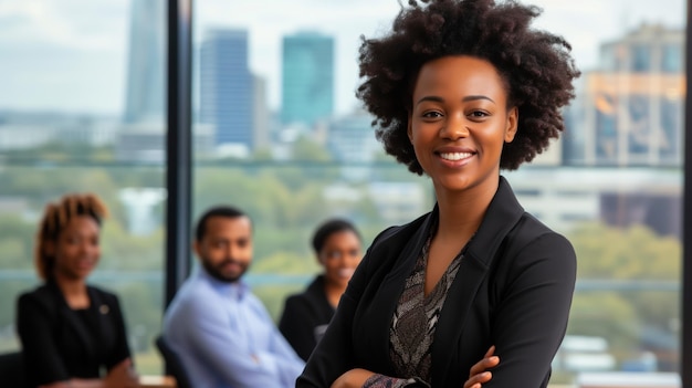 Foto zekerzinnige afro-amerikaanse zakenvrouw aan het hoofd van een bedrijfsteam