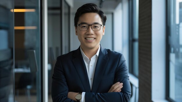 Zekerzinnige Aziatische zakenman glimlacht en kijkt naar de camera