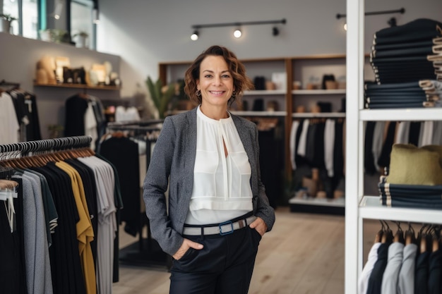 Zekerzinnige en stijlvolle winkelmanager die voor een kledingrek in haar boetiek staat