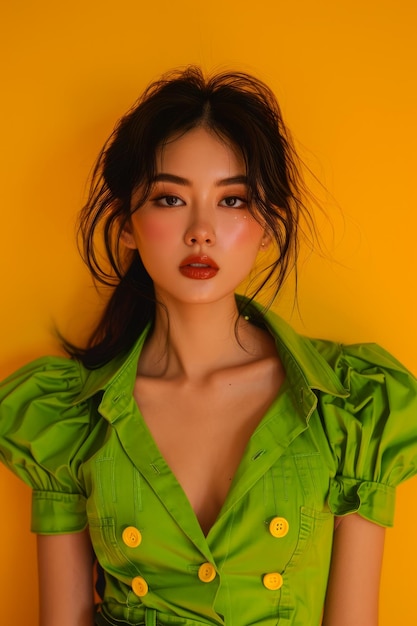 Zekerzinnige jonge Aziatische vrouw in een stijlvolle groene jurk poseert tegen een levendige gele achtergrond