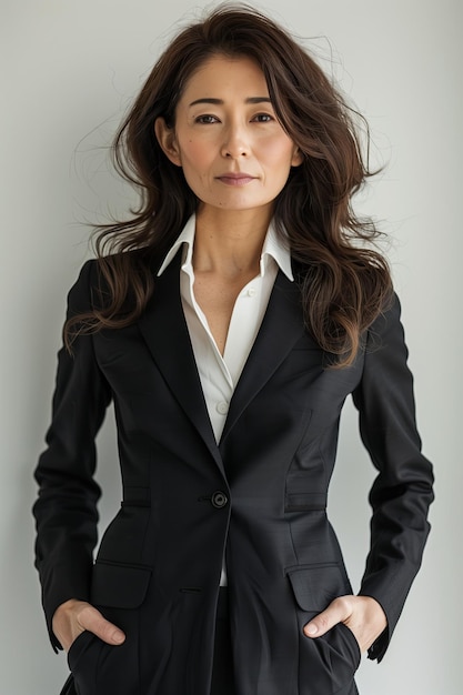 Zekerzinnige jonge Japanse zakenvrouw in een pak op een witte achtergrond