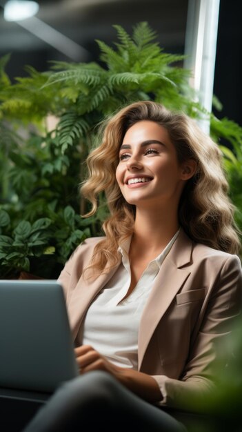 Zekerzinnige jonge zakenvrouw die aan een laptop werkt in een weelderig groen kantoor