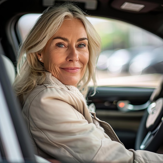 Zekerzinnige oudere vrouw die overdag auto rijdt