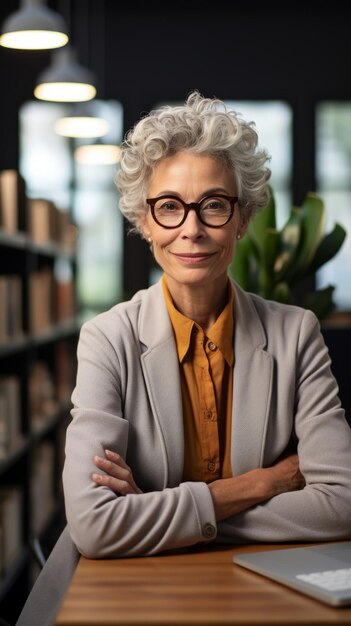 Zekerzinnige senior zakenvrouw met gekruiste armen in het kantoor