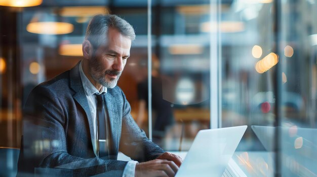 Zekerzinnige volwassen zakenman die op een laptop werkt in een modern kantoor Succesvolle ondernemer die technologie gebruikt om verbonden en productief te blijven