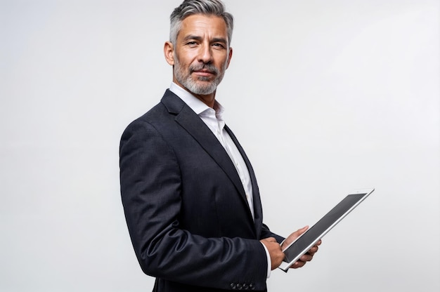Zekerzinnige volwassen zakenman met een tablet